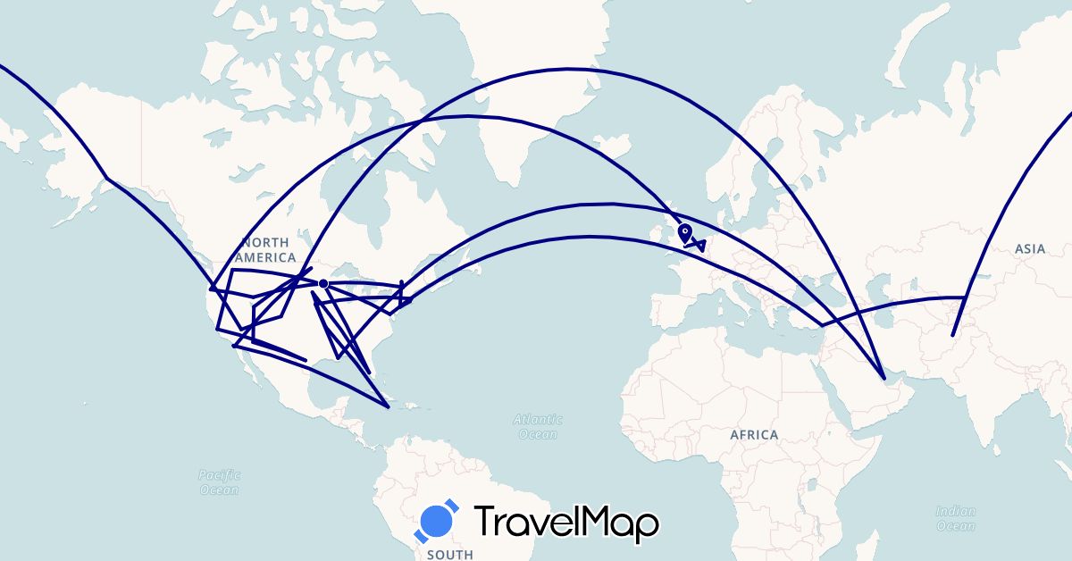 TravelMap itinerary: driving in Afghanistan, Belgium, Canada, Germany, United Kingdom, Iceland, Jamaica, Kyrgyzstan, Mexico, Netherlands, Qatar, Turkey, United States (Asia, Europe, North America)