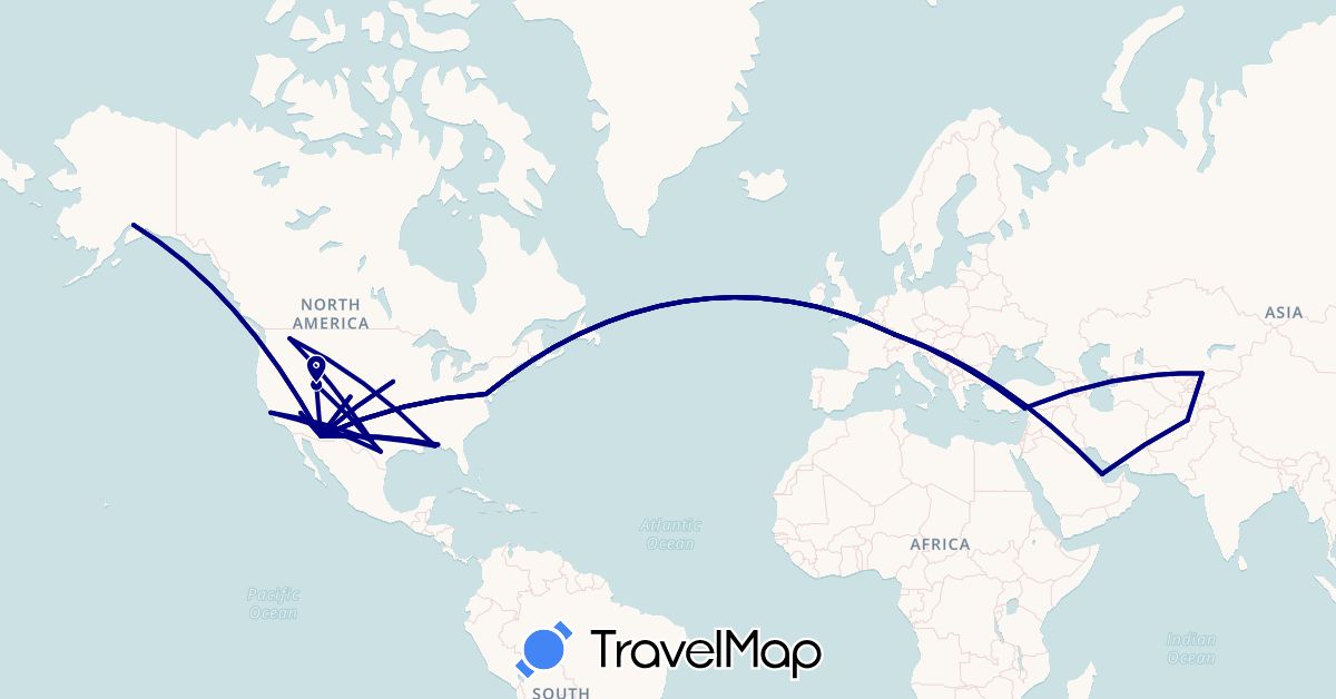 TravelMap itinerary: driving in Afghanistan, Germany, Kyrgyzstan, Qatar, Turkey, United States (Asia, Europe, North America)
